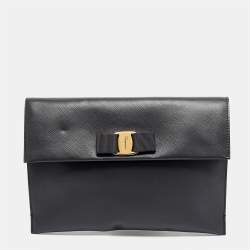 Pre Owned Salvatore Ferragamo Grey Leather Vara Bow Flat Clutch