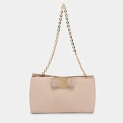 Pre Owned Salvatore Ferragamo Beige Leather Vera Piuma Chain Clutch