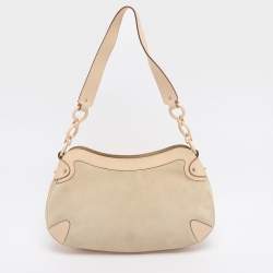 Pre Owned Salvatore Ferragamo Beige Leather and Suede Gancini Shoulder Bag