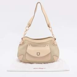 Pre Owned Salvatore Ferragamo Beige Leather and Suede Gancini Shoulder Bag