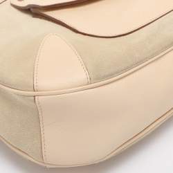 Pre Owned Salvatore Ferragamo Beige Leather and Suede Gancini Shoulder Bag