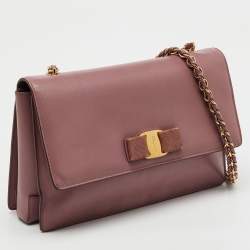 Pre Owned Salvatore Ferragamo Pink Saffiano Leather Vara Bow Chain Flap Shoulder Bag