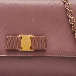 Pre Owned Salvatore Ferragamo Pink Saffiano Leather Vara Bow Chain Flap Shoulder Bag