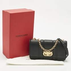 Pre Owned Salvatore Ferragamo Black Embossed Leather Gancini Shoulder Bag