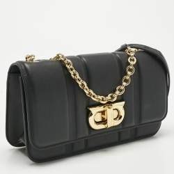 Pre Owned Salvatore Ferragamo Black Embossed Leather Gancini Shoulder Bag