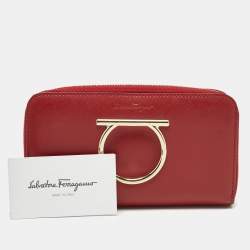 Pre Owned Salvatore Ferragamo Red Leather Gancini Zip Around Long Wallet