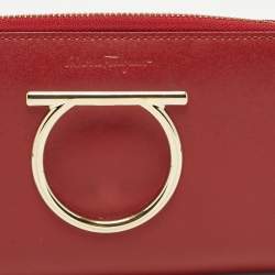 Pre Owned Salvatore Ferragamo Red Leather Gancini Zip Around Long Wallet
