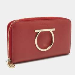 Pre Owned Salvatore Ferragamo Red Leather Gancini Zip Around Long Wallet