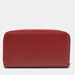 Pre Owned Salvatore Ferragamo Red Leather Gancini Zip Around Long Wallet