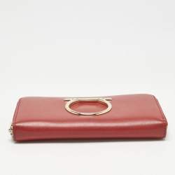 Pre Owned Salvatore Ferragamo Red Leather Gancini Zip Around Long Wallet