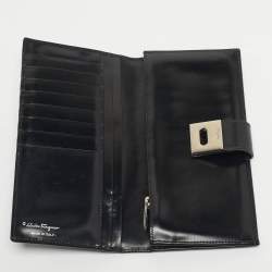 Pre Owned Salvatore Ferragamo Black Glossy Leather Gancini Continental Wallet