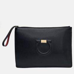 Pre Owned Salvatore Ferragamo Black Leather Gancini Clutch