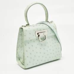 Pre Owned Salvatore Ferragamo Ghiacciaio Blue Aura Ostrich Small Iconic Top Handle Bag 