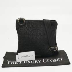 Pre Owned Salvatore Ferragamo Black Gancini Embossed Fabric Flat Messenger Bag