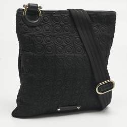 Pre Owned Salvatore Ferragamo Black Gancini Embossed Fabric Flat Messenger Bag