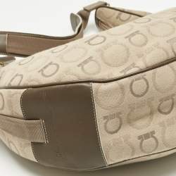 Pre Owned Salvatore Ferragamo Beige Gancini Printed Fabric and Leather Hobo
