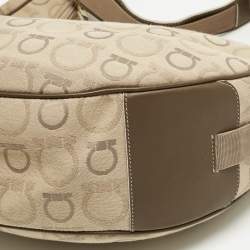 Pre Owned Salvatore Ferragamo Beige Gancini Printed Fabric and Leather Hobo
