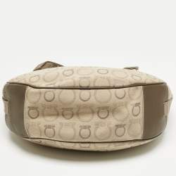 Pre Owned Salvatore Ferragamo Beige Gancini Printed Fabric and Leather Hobo