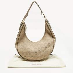 Pre Owned Salvatore Ferragamo Beige Gancini Printed Fabric and Leather Hobo