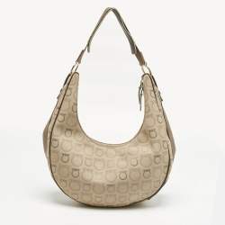 Pre Owned Salvatore Ferragamo Beige Gancini Printed Fabric and Leather Hobo
