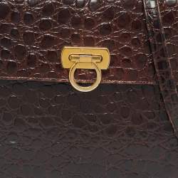 Pre Owned Salvatore Ferragamo Dark Brown Crocodile Kelly Top Handle Bag