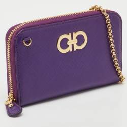 Pre Owned Salvatore Ferragamo Purple Leather Gancio Cip Around Wallet On Chain