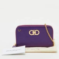 Pre Owned Salvatore Ferragamo Purple Leather Gancio Cip Around Wallet On Chain