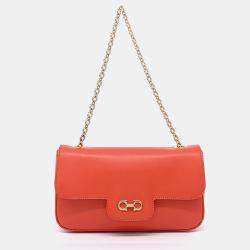 Pre Owned Salvatore Ferragamo Orange Leather Gancini Chain Shoulder Bag
