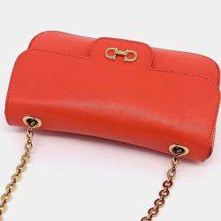 Pre Owned Salvatore Ferragamo Orange Leather Gancini Chain Shoulder Bag