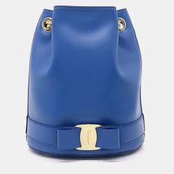 Pre Owned Salvatore Ferragamo Blue Leather Vara Bow Bucket Bag