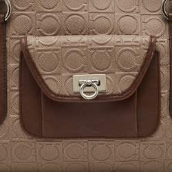 Pre Owned Salvatore Ferragamo Beige/Brown Gancini Embossed Leather Zip Satchel