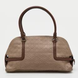 Pre Owned Salvatore Ferragamo Beige/Brown Gancini Embossed Leather Zip Satchel