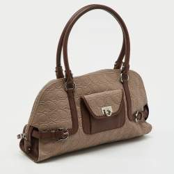 Pre Owned Salvatore Ferragamo Beige/Brown Gancini Embossed Leather Zip Satchel