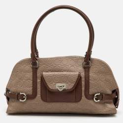 Pre Owned Salvatore Ferragamo Beige/Brown Gancini Embossed Leather Zip Satchel