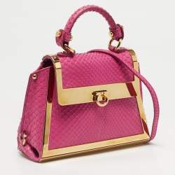 Pre Owned Salvatore Ferragamo Pink Python and Metal Mini Sofia Top Handle Bag