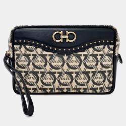 Pre Owned Salvatore Ferragamo Beige Black Fabric Gancini Clutch