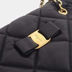 Pre Owned Salvatore Ferragamo Black Leather Vara Chain Shoulder Bag