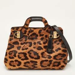 مملوكة مسبقًا Salvatore Ferragamo Brown/Black Leopard Print Calf Hair and Leather Satchel