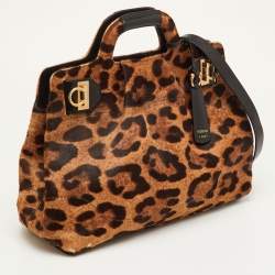 مملوكة مسبقًا Salvatore Ferragamo Brown/Black Leopard Print Calf Hair and Leather Satchel