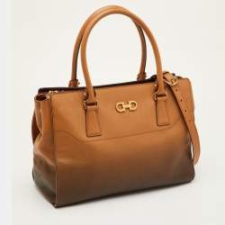 Pre Owned Salvatore Ferragamo Gancio Brown Ombre Saffiano Leather Gradient Effect Tote