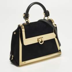 Pre Owned Salvatore Ferragamo Sofia Mini Black/Gold Suede and Metal Top Handle Bag
