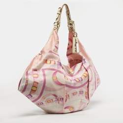 Pre Owned Salvatore Ferragamo Pleated Bow Print Pink Leather and Nylon Hobo