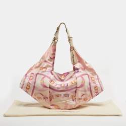 Pre Owned Salvatore Ferragamo Pleated Bow Print Pink Leather and Nylon Hobo