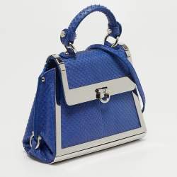 مملوكة مسبقًا Salvatore Ferragamo Sofia Mini Blue Python Metal Frame Top Handle Bag