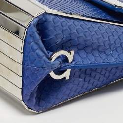 مملوكة مسبقًا Salvatore Ferragamo Sofia Mini Blue Python Metal Frame Top Handle Bag