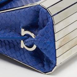 مملوكة مسبقًا Salvatore Ferragamo Sofia Mini Blue Python Metal Frame Top Handle Bag