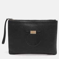 Pre Owned Salvatore Ferragamo Gancini Black Leather Wristlet Clutch