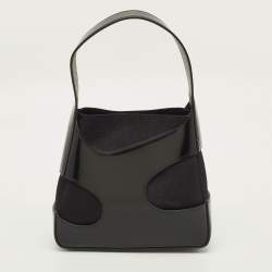 Pre Owned Salvatore Ferragamo Cut Out Small Black Canvas and Patent Leather Shoulder Bag