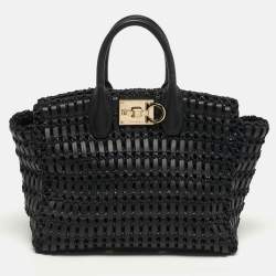 Pre Owned Salvatore Ferragamo Studio Black Woven Leather and Straw Satchel