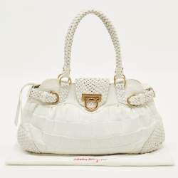 Pre Owned حقيبة سالفatori فيراغامو ماريسا منقوشة جلد أبيض كروك